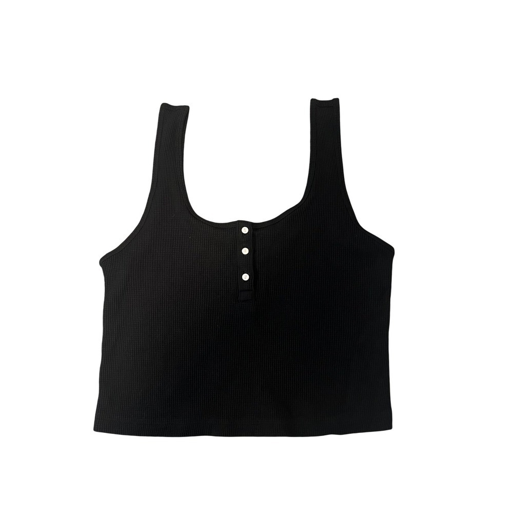 Old Navy Womens Black Waffle Knit Henley Lounge Tank Top Crop Medium (0921)